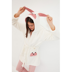 Trendyol Ecru Belted Animal Figured Hooded Wellsoft Knitted Dressing Gown