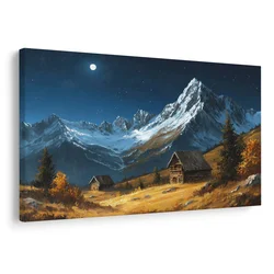 Slika zimska gorska koča ponoči - 90x60