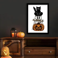 WallXpert uramljena slika 3752HALCT-017, crna mačka na duhu i bundevi sa natpisom Boo, 37 x 52 cm, crni ram