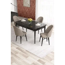 Hanah Home trpezarijski set Elf, sto na razvlačenje i 4 stolice, ploča u dekoru crnog mermera, kapućino tkanina Babyface