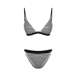Trendyol Black and White Striped Triangle Textured Regular Bikini Set