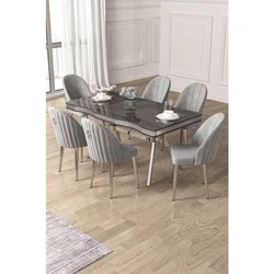 Hanah Home trpezarijski set Pem, sto i 6 stolica, antracit ploča Irony, hromirane noge, siva tkanina Babyface