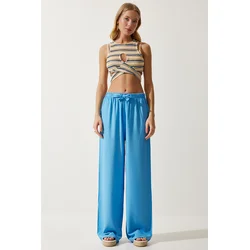 Happiness Istanbul Womens Sky Blue Flowy Knitted Palazzo Trousers