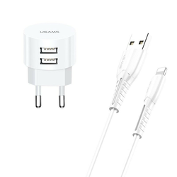 Zidni adapter za punjenje Usams T20 s dva USB ulaza i Lightning kabel -  bijeli