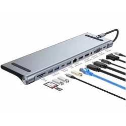 E-GREEN Multiport USB 3.1 tip C (M) - 2 x HDMI + VGA + 3 x USB 3.0 + 1 x tip C-(PD 100W) + USB 2.0 + 3.5mm + SD/TF + RJ45 (F)1000 Mbps (12 u 1)