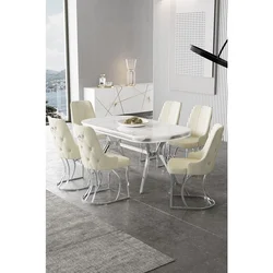 Hanah Home trpezarijski set Epal, sto i 6 stolica, ploča u dekoru belog mermera, hromirane noge, krem tkanina Babyface