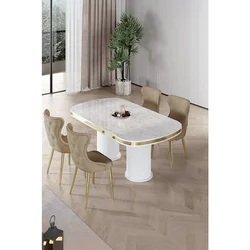 Hanah Home trpezarijski set Galya, sto i 4 stolice, ploča u dekoru belog mermera, zlatne noge, kapućino tkanina Babyface