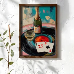 WallXpert uramljena MDF slika NAL080-70, boca šampanjca, čaša i karte za igru na gramofonskoj ploči, 50 x 70 cm