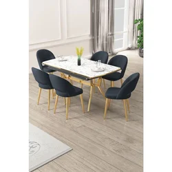Hanah Home trpezarijski set Weps, sto na razvlačenje i 6 stolica, ploča u dekoru belog mermera, zlatne noge, antracit tkanina Babyface