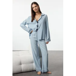Trendyol Light Blue Heart Ribbed Viscose Woven Pajamas Set