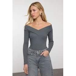 Trendyol Dark Gray Snap-On Carmen Collar Ribbed Stretchy Knitted Bodysuit