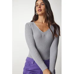 Happiness Istanbul Womens Gray Basic Corduroy V-neck Blouse