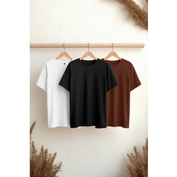 Trendyol Black-Brown-White Basic Slim Fit 100% Cotton 3-Pack T-Shirt