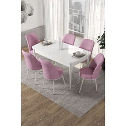 Hanah Home trpezarijski set Via, sto na razvlačenje i 6 stolica, bela ploča, roze tkanina Jerry
