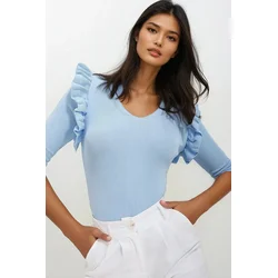 Trend Alacati Stili Ženska bluza 3/4 rukava ALC-X11557, V-izrez, Svetloplava