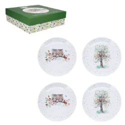 KOMPLET 4 DESERTNIH KROŽNIKOV IZ PORCELANA, SOVICE