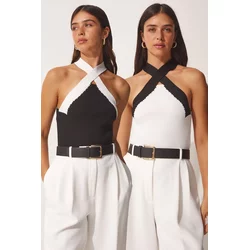 Happiness Istanbul Womens Black and White Halter Collar 2-Pack Crop Knitwear Blouse