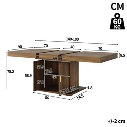 SONNENH Jedilna miza, MDF/kovina, rjava, 140 x 90 x 75.2 cm, prostor za shranjevanje, za jedilnico