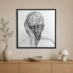 WallXpert uramljena slika na platnu Cc-K-Sy-1027, linijski crtež glave oslonjene na ruku, crno-beli, 80 x 80 cm