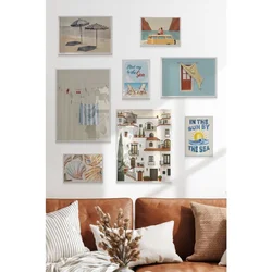WallXpert set od 8 manjih uramljenih slika Çgs-068, letnji primorski motivi – suncobrani, mediteranske kuće, školjke i kombi, beli ram