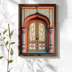 WallXpert uramljena MDF slika NAL046-46, oslikana vrata sa crvenim cvetovima u koralnom luku sa stubovima, 35,5 x 47 cm