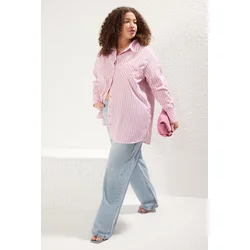 Trendyol Curve Pink Striped Double Pocket Woven Plus Size Shirt