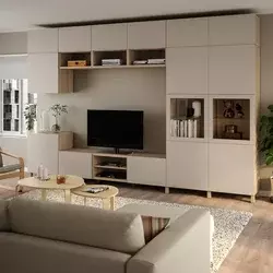 BESTA TV komb. za odlaganje/stakl.vrata, belo b. hrastov furnir Lappviken/Sindvik svetla sivobež, 360x42x240 cm