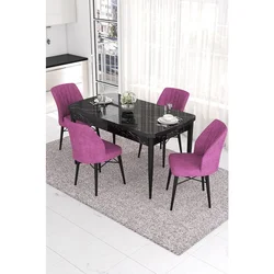 Hanah Home trpezarijski set Eva, sto na razvlačenje i 4 stolice, ploča u dekoru crnog mermera, ljubičasta tkanina Babyface