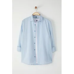 Trendyol Light Blue Regular Fit Epaulette Wrinkled Effect Linen Look Shirt