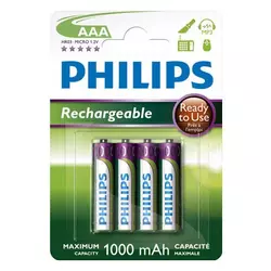 PHILIPS Polnilne baterije R03B4RTU10 AAA, NiMh 1000 mAh, 4 kosi