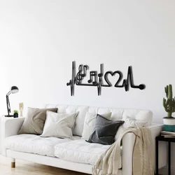 WallXpert metalni zidni ukras 5049, otkucaji srca sa notama i srcem, 75 x 32 cm, crni