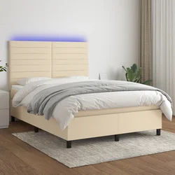 Vidaxl Box spring postelja z vzmetnico LED krem 140x190 cm blago