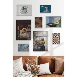 WallXpert set od 8 manjih uramljenih slika Çgs-051, kafa i umetnost – Veliki talas u šoljici, Vermeerova Mlekarica, moka lonče i gramofon, beli ram