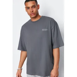 Trendyol Anthracite Oversize 100% Cotton Crew Neck Minimal Text Printed T-Shirt