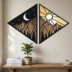 WallXpert zidna dekoracija MDF i pleksiglas KKMP-001, planine noću sa mesecom i danju sa suncem, 2 kom, 92 x 61 cm
