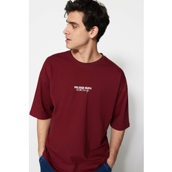 Trendyol Burgundy Oversize/Wide-Fit 100% Cotton Minimal Text Printed T-Shirt