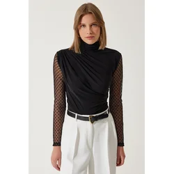 Happiness Istanbul Womens Black Polka Dot Lace Sleeve Gathered Knitted Blouse