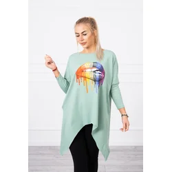 Oversized blouse with a dark mint lip print
