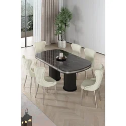 Hanah Home trpezarijski set Galya, sto i 6 stolica, ploča u dekoru crnog mermera, hromirane noge, krem tkanina Babyface