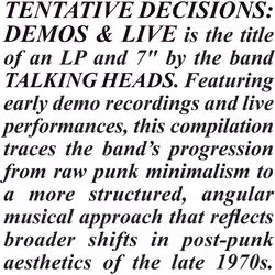 Talking Heads - Tentative Decisions: Demos & Live (LP + 7 Single)