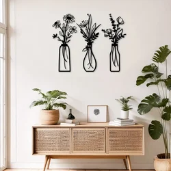 WallXpert metalni zidni ukras DCV-1095-MT, poljsko cveće u vazama, set 3 kom, 15 x 40 cm, crni