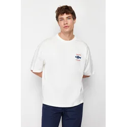 Trendyol Ecru Oversize/Wide-Fit 100% Cotton Velvet Texture Printed T-Shirt