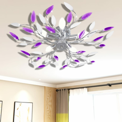 vidaXL Stropna svjetiljka s bijelim i ljubičastim kristalima u obliku lišća, za 5 x E14 žarulju
