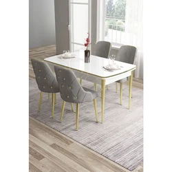 Hanah Home trpezarijski set Tia, sto i 4 stolice, bela ploča, zlatne noge, siva tkanina Babyface