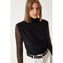Happiness Istanbul Womens Black Lace Sleeve Gathered Knitted Blouse