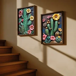 WallXpert set uramljenih MDF slika NAL194-70, kaktusi sa šarenim cvetovima na tamnoplavoj pozadini, 2 x 50 x 70 cm