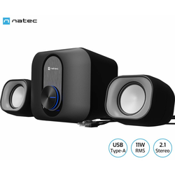 Natec PUG, Stereo Speakers 2.1, 11W RMS (Subwoofer 5W, Satellites 6W), USB power, 3.5mm Connector, Black ( NGL-2111 )