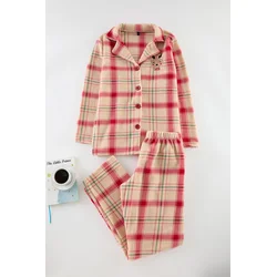 Trendyol Red Embroidered Plaid Polar Fleece Knitted Pajama Set