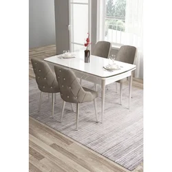 Hanah Home trpezarijski set Tia, sto i 4 stolice, bela ploča, hromirane noge, kapućino tkanina Babyface