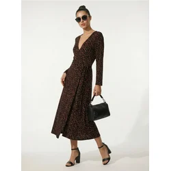 Sinsay - Viskoza midi preklopna haljina u leopard šari - braon